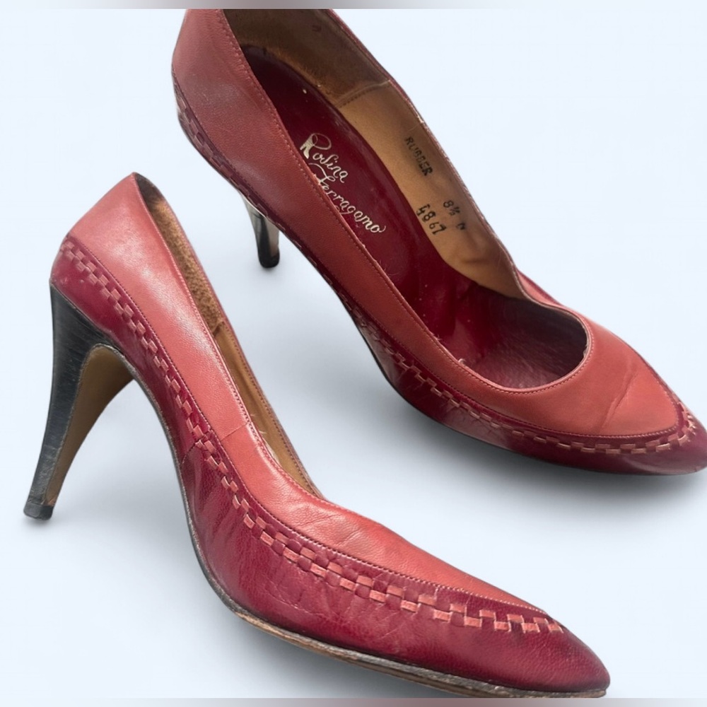 Vintage Rosina Ferragamo Schiavone 1970s Red and Pink Leather Pumps Size 8.5